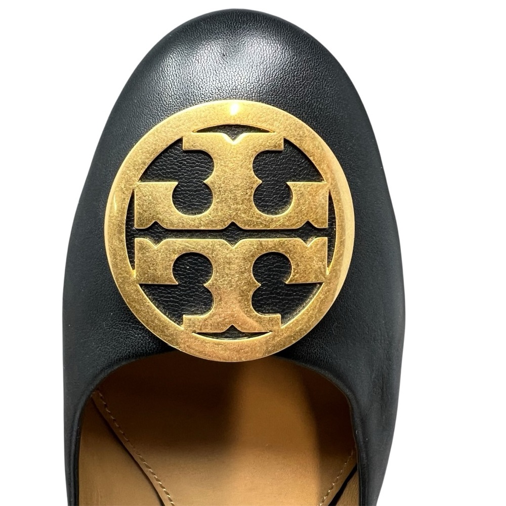 Tory Burch Black Ballet Flats Size 12 Leather with Gold Logo Emblem Shoes - Picture 9 of 13